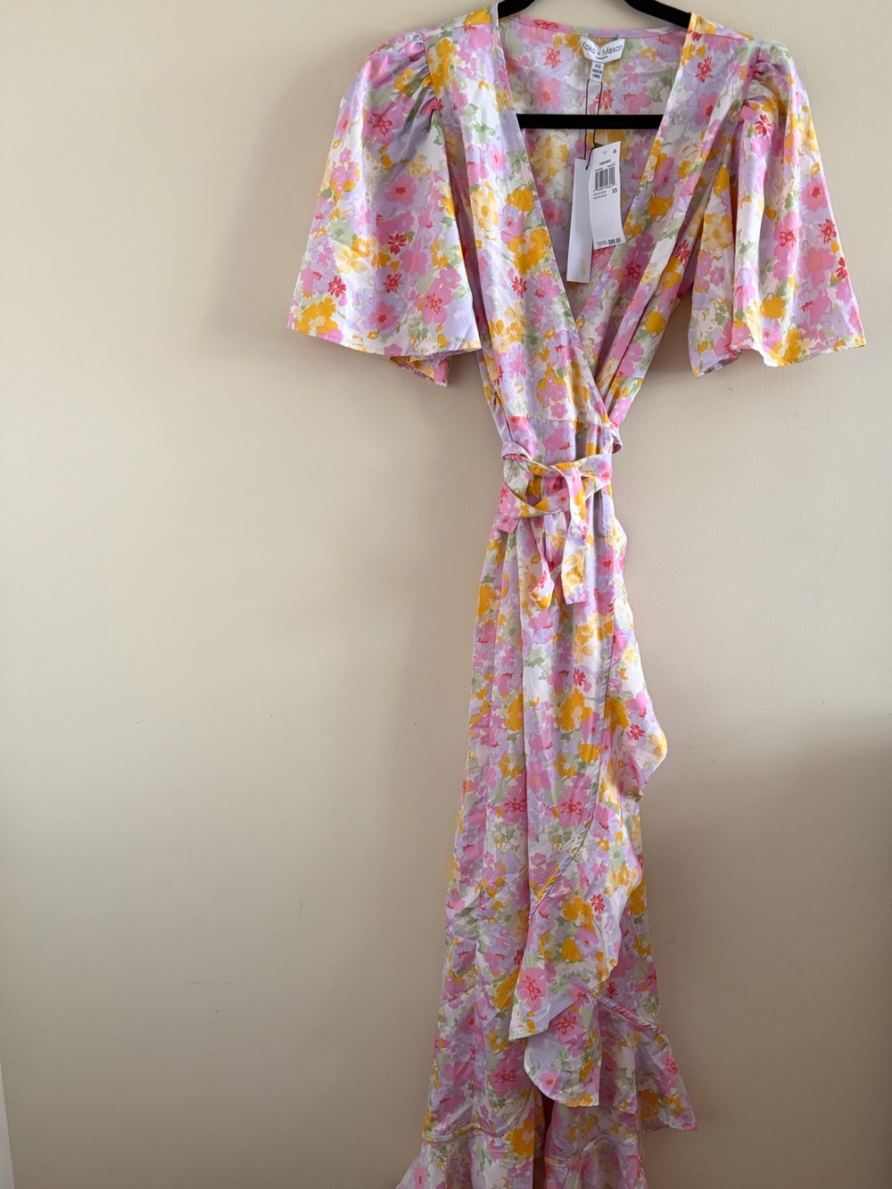 New! Koko + Mason Floral Pink & Yellow Midi Wrap Dress with Puff Sleeves